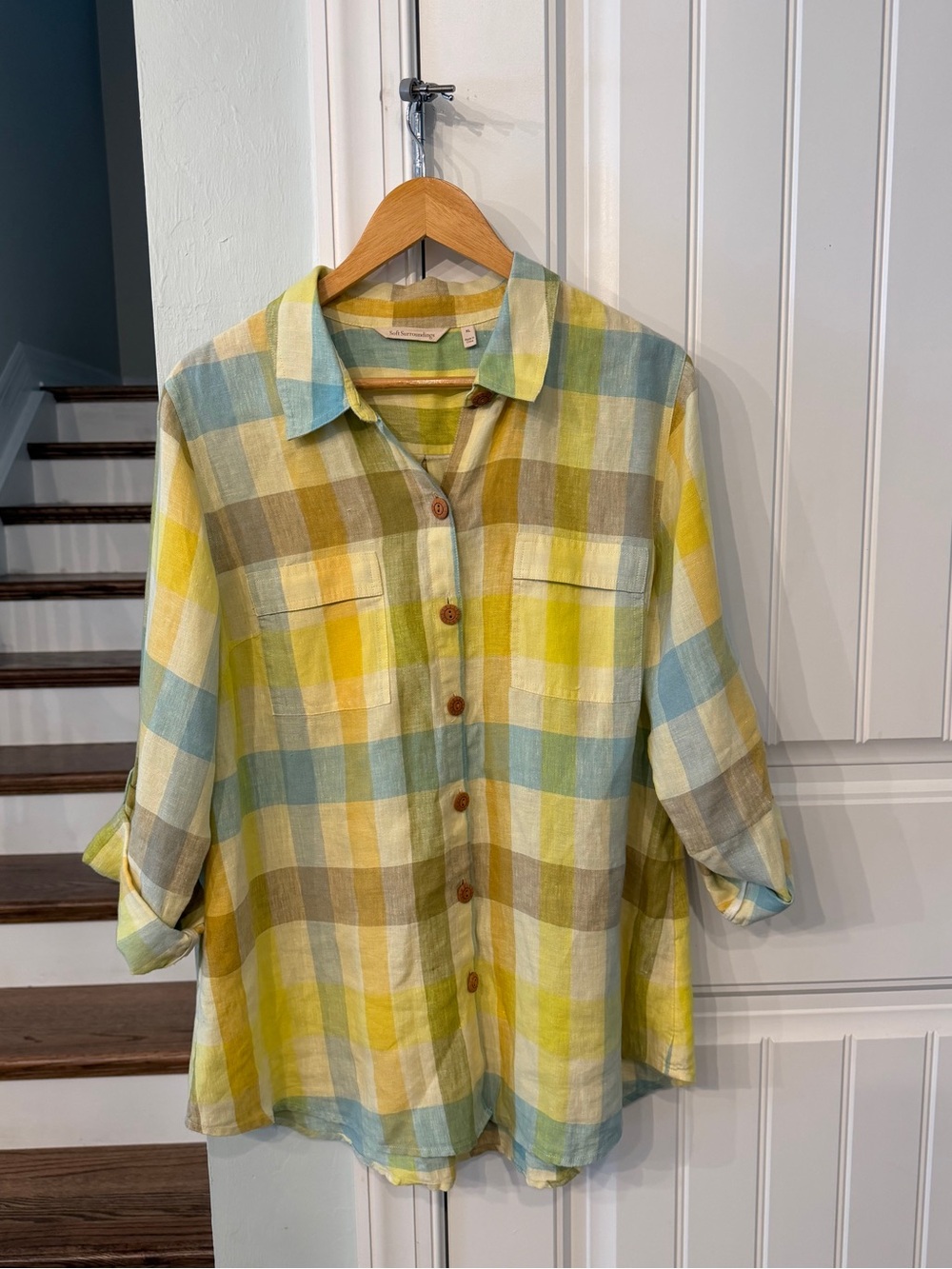 Soft Surroundings 100% Linen Plaid Shirt XL Roll Tab Sleeve Coastal Cottage